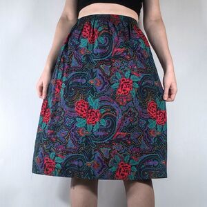 Vintage Paisley and Red Roses High Waisted Knee Length Skirt